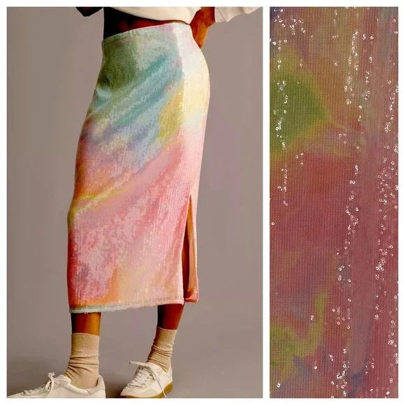 Hutch Anthropologie Rainbow Ombré Sequin Mesh Midi Slip Skirt Size M - Picture 1 of 11
